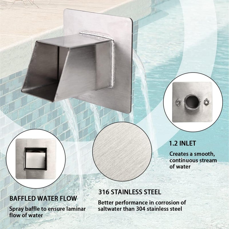PONDO 2" Square Water Fountain Spout Scupper, 316 Stainless Steel Spillway w/Construction Spray Baffle for Pools, Ponds, Water Walls, Fountains (Silver) - Image 3